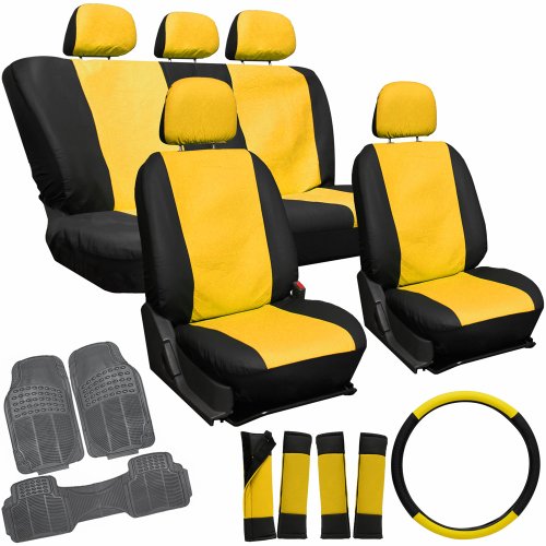 Oxgord 20pc Yellow & Black PU Leather Seat Cover & 3pc Gray Ridge Rubber Floor Mats Set for Merkur Cars Accessories Oxgord CAR-MERKUR-SCPU17-YW-BK_03-HQB-GR