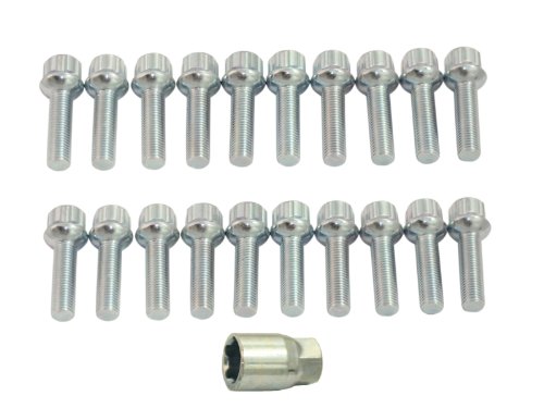 (20) Locking Silver Lug Bolts 12x1.5 | 39.9mm Shank Length | for most Mercedes (Includes Socket Key) Lug Nuts Precision European Motorwerks 20x-12x1.5-Lock-40mm-CS-S