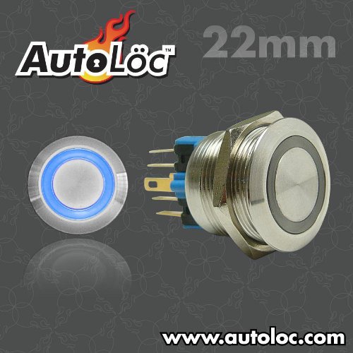 Autoloc 22Mm Latching Billet Button With Blue Led Ring AUTSW46B Buttons Autoloc AUTSW46B