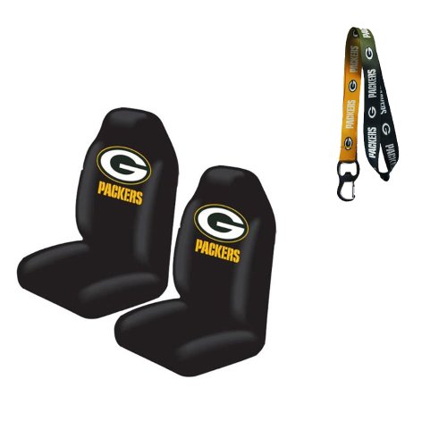 A set of 3 Piece Automotive Gift Set: 2 Front Highback Seat Covers and 1 Gradient Color Lanyard - Green Bay Packers Automobilia MULTI_B KB10N+SC12NPACKERSX2
