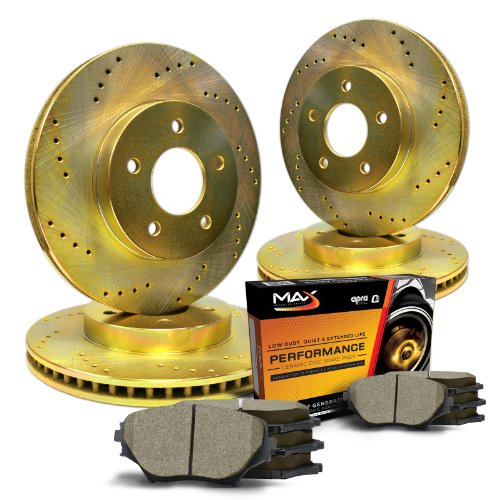Max KT048873 Front + Rear Gold Cross-Drilled Rotors and Ceramic Pads Combo Brake Kit Brake Kits Max Advanced Brakes KT048873