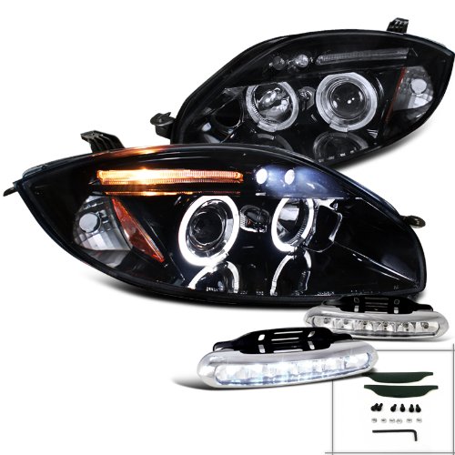 Glossy Black Eclipse Halo Rim LED DRL Projector Headlights+LED Bumper Fog Headlight Bulbs Spec-D Tuning L12-2LHPELP06GTM