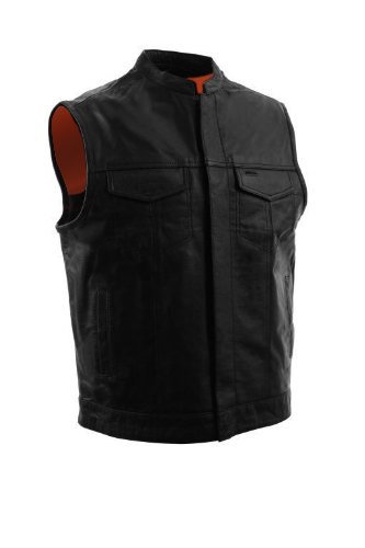 SOA Motorcycle Sons of Anarchy Unique Open Collar Club Leather Vest w/ Snap & Zipper-front Closure ~ Drop Concealed Gun Pockets - Orange Lined - Soft Nekid Leather (2X) Jackets & Vests The Nekid Cow TNC-640-SOA-Orange