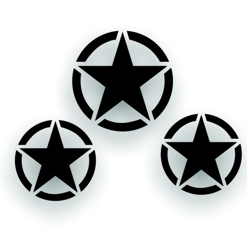Military Invasion Star Decal Set of 3 - One 20 Inch Hood, and Two 16 inch door Decals - Restore Or Custom any Army Willys, Truck Or Jeep CJ Wrangler In Black Gloss Decals Solar Graphics USA RM221B
