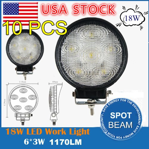 10pcs 10-30v 18w Roud Spot 1350lm LED Work Lights Off Road Suv Utv Atv Jeep Bulbs HD HD