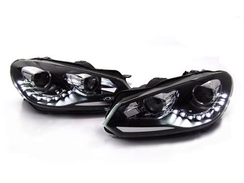 10-14 VW MK6 Golf/GTI/Jetta Sportwagen R Style Projector Headlights w/ LED Strip - Black (2010 2011 2012 2013 2014) Headlight Bulbs ProMotoring HVWG6HL-RB