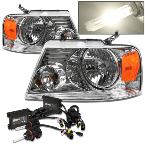 Dynasty HLOHF1504 2-PC Headlight Lamp Amber Reflector With HID Light Kit For Ford F-150 (Chrome Housing & Slim Ballasts) Headlight Assemblies Auto Dynasty AD-HLOH-F1504CHAM+H13-HL43KBLS