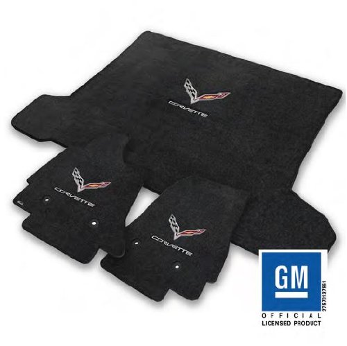 2014+ Corvette C7 Coupe Black 3pc. Floor & Trunk Mat Set - Crossed Flags & Corvette Script Embroidery Floor Mats Lloyd Mats V0661127, V0681127