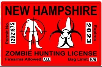 New Hampshire NH Zombie Hunting License Permit Red - Biohazard Response Team Automotive Car Window Locker Bumper Sticker Decals Sticker Stand SS-SET-C-1593