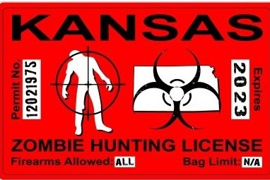 Kansas KS Zombie Hunting License Permit Red - Biohazard Response Team Automotive Car Window Locker Bumper Sticker Decals Sticker Stand SS-SET-C-2687