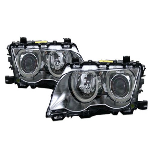Bmw E46 3-Series 4DR Sedan E-Code Angel Eye Projector Headlights Chrome 98-01 1998 1999 2000 2001 Headlight Bulbs JDM Auto Lights JDM-BMW-9801EPHDL