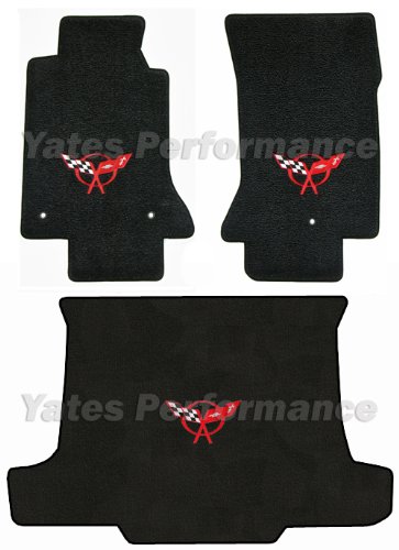 1998-2004 C5 Corvette Convertible Black Ebony Floor & Trunk Cargo Mats Set with Red Crossed Flags Logo Embroidery Custom Fit Lloyd Mats V0322960, V0302960