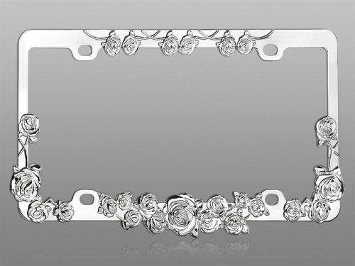 3D ROSE Flower Leaf Vine Bright Chrome License Plate Frame /W RED CAP Frames DanteGTS 1113-3NON-1-RED