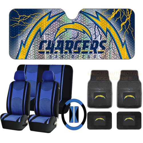14 pc NFL San Diego Chargers Mats Sun Shade Blue Black Seat Covers Set Universal Universal Fit U.A.A. INC. NFL-SDC-104BL