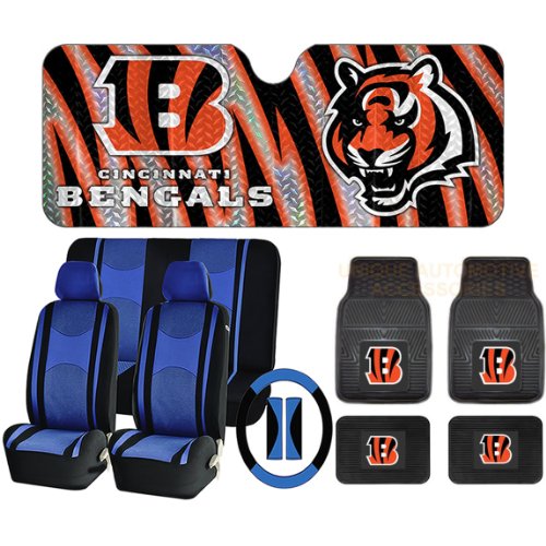 14 pc NFL Cincinnati Bengals Mats Sun Shade Blue Black Seat Covers Set Universal Universal Fit U.A.A. INC. NFL-CB2-104BL