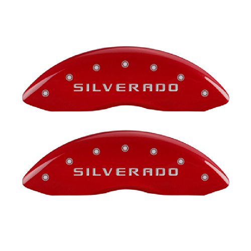 MGP Caliper Covers 14207FSILRD 'SILVERADO' Engraved Caliper Cover with Red Powder Coat Finish and Silver Characters, (Set of 2) Calipers Without Pads MGP Caliper Covers 14207FSILRD