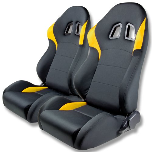 Auto Dynasty Tuner Series Reclinable Black Microfiber Fabric Sport Racing Seats With Yellow Trim Set of 2 Racing Seats Auto Dynasty RS-XL-14-YE