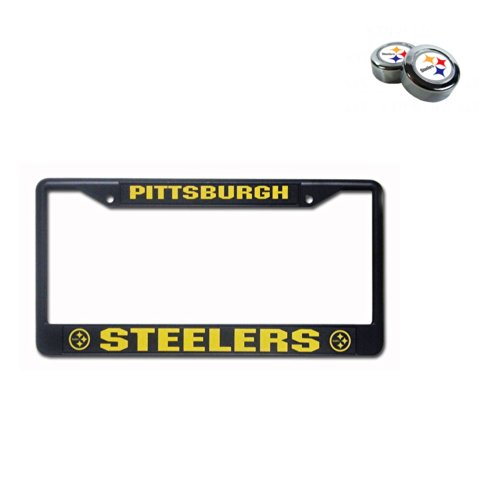 A set of 3 Piece Automotive Gift Set: 1 Black Chrome License Plate Frame and 2 Chrome Screw Caps - Pittsburgh Steelers Frames MULTI_B LP06N2STEELERS+LP18NSTEELERS