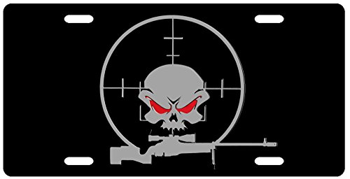 Gun Skull - Black & Chrome Acrylic License Plate by Redeye Laserworks License Plate Frames Redeye Laserworks AMZALP1020