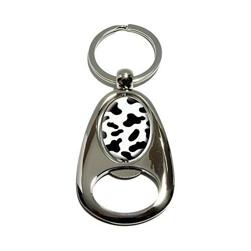 Cow Print Black White - Chrome Plated Metal Spinning Oval Design Bottle Opener Keychain Key Ring Key Chains Graphics and More K_OVAL0011