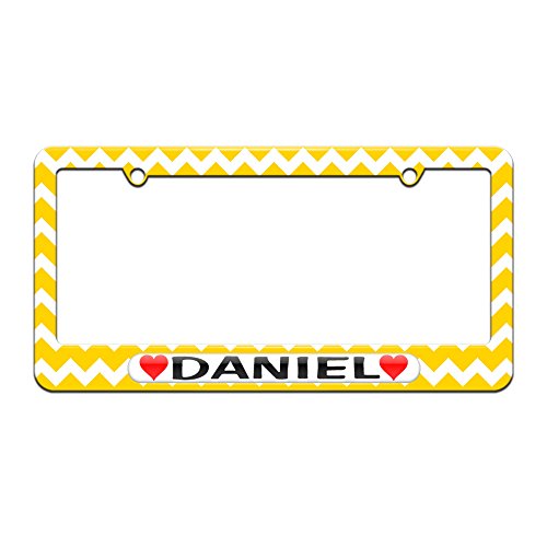 Daniel Love with Hearts - License Plate Tag Frame - Yellow Chevrons Design Frames Graphics and More LP0699.White0012