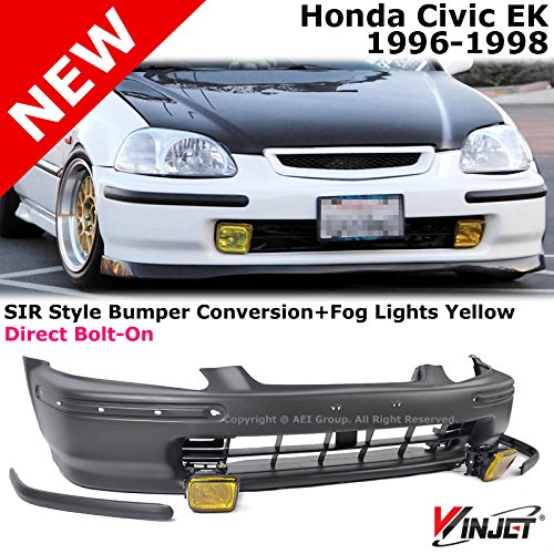 Civic 96-98 EK SIR Style Front Bumper Cover Conversion + Winjet Fog Light Yellow Bumpers Advan-Emotion BC-HOCI962D-SIR-BK+BCMO+FOG-YL