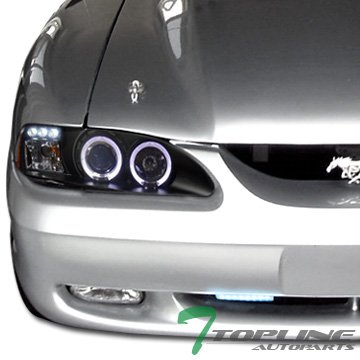 BLACK HALO PROJECTOR HEAD LIGHTS W/DRL 8 LED BUMPER FOG LAMPS 94-98 FORD MUSTANG Headlight Assemblies Topline_autopart hlpjy-mus94hled1pc-ab+fl-8led-001