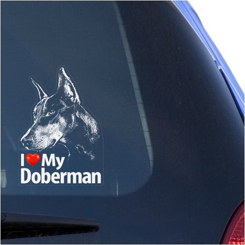 I Love My Doberman Clear Vinyl Decal Sticker for Window, Dobermann Pinscher Sign Art Print Bumper Stickers, Decals & Magnets Vinyl Designs MCW-R-Doberman-ILMY